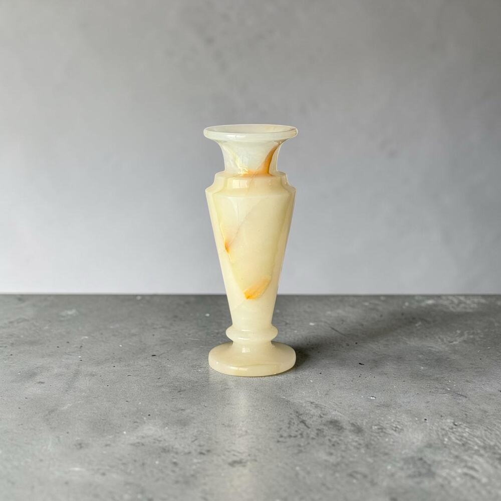 8" Carved Alabaster Vase Cream Onyx Vintage Banded Stone Pedestal Urn
